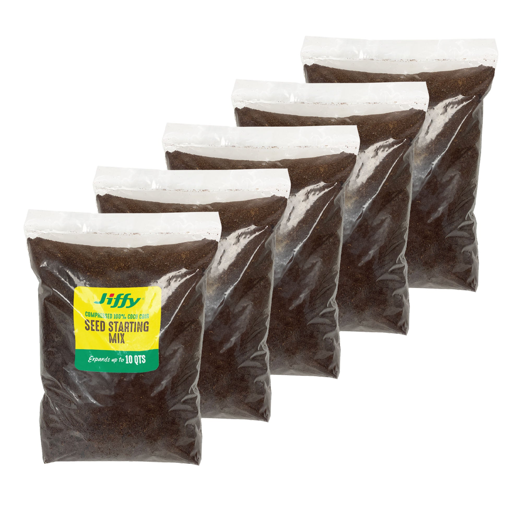 A packaged bag of Jiffy seed starting mix made from 100% coco coir soil, which is advertised as expanding up to 10 quarts.
